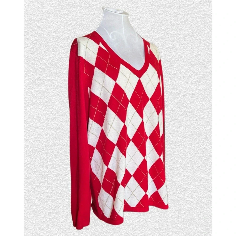 “Tommy Hilfiger” Sweater Women's Sz L Argyle Holiday Sweater Red White Metallic